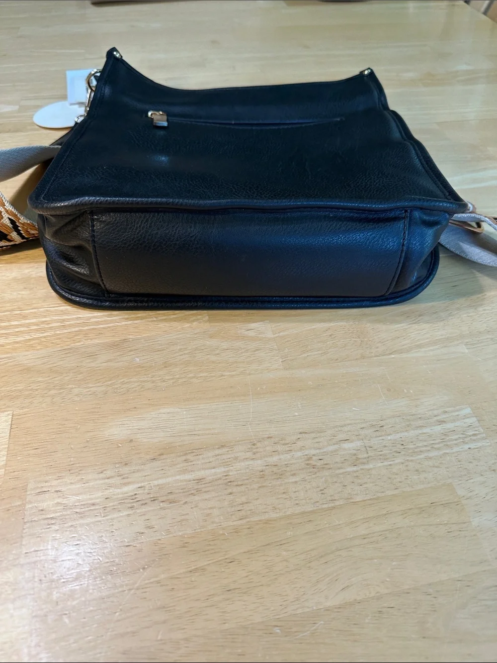 Metro Black Vegan Leather Crossbody with Patterned Strap